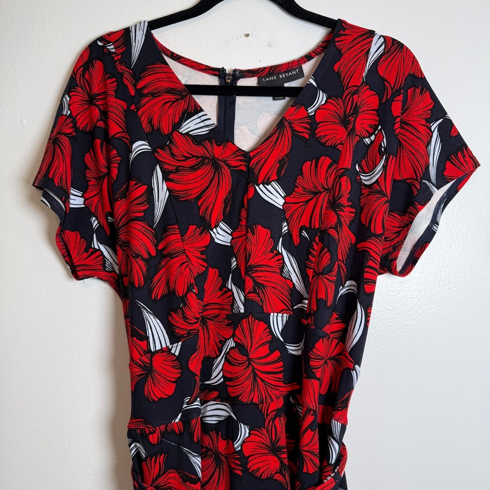 Lane Bryant Women Floral‎ Print V Neck Short Sleeve Belted Midi Dress Size 14 - Picture 4 of 9